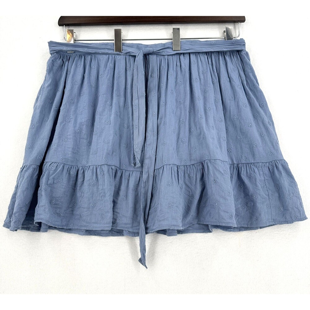 Old Navy XXL Blue Embroidered Tiered Mini Skirt Cotton Rayon Tie Waist Boho Chic